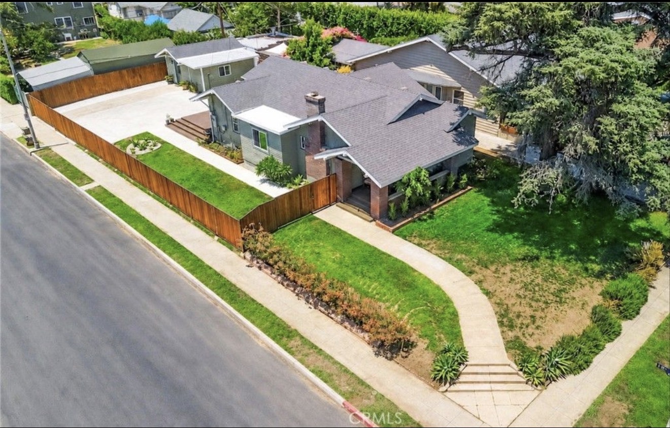 Aerial view of the renovated Los Angeles Craftsman and its oversized corner lot