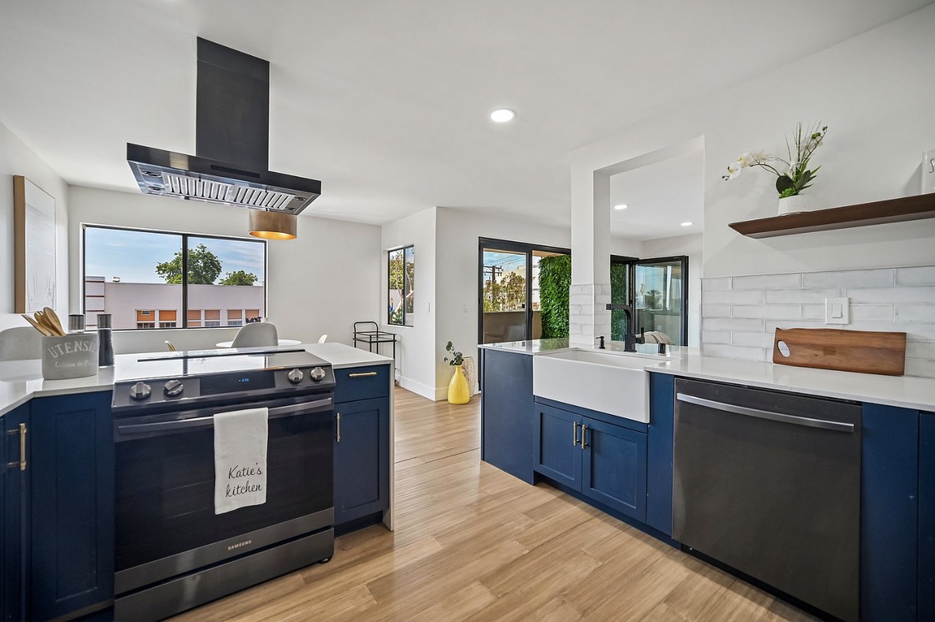 Updated West Hollywood kitchen with blue cabinetry